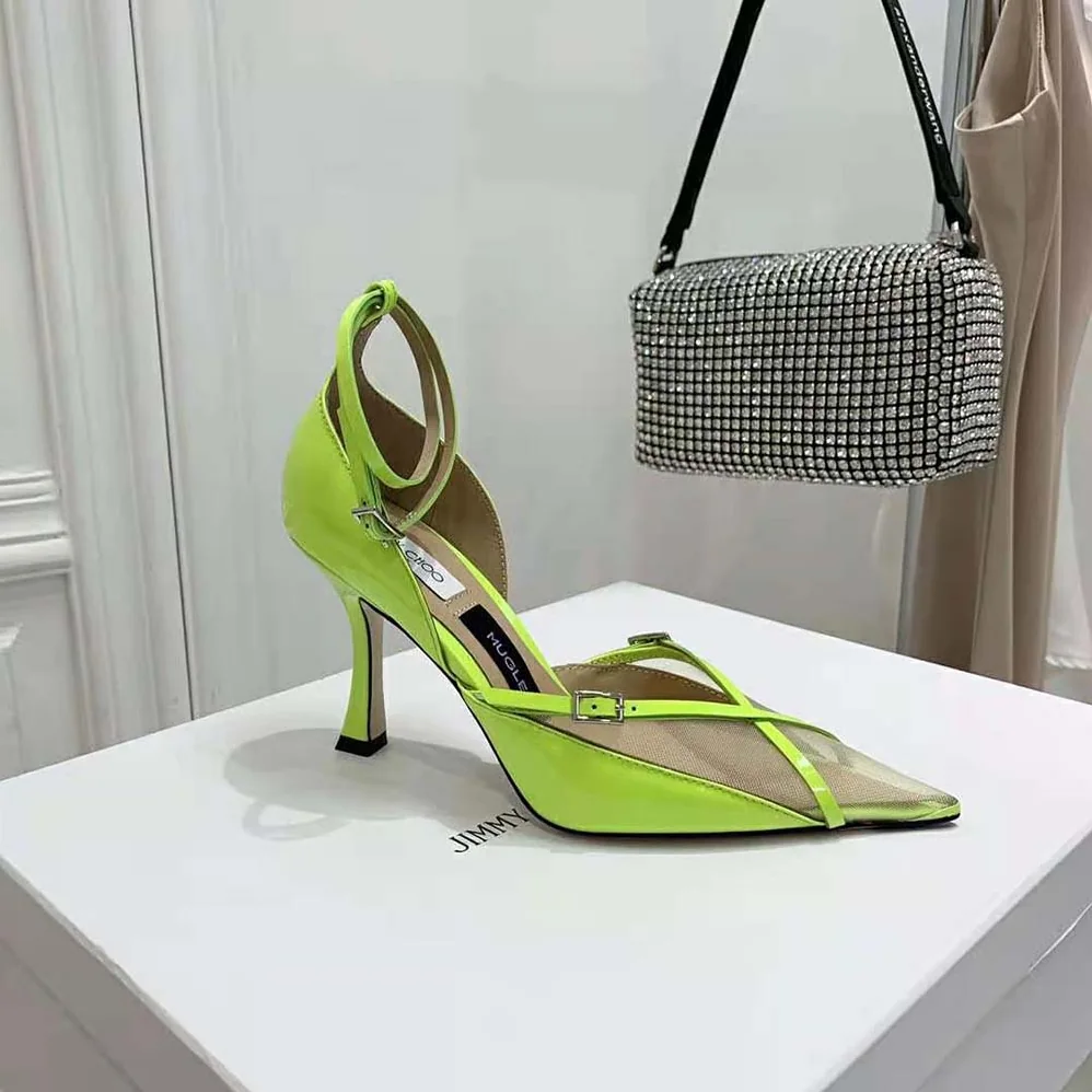 Jimmy Choo Mugler Strap Pump Neon Yellow Patent and Mesh Pumps with Straps for Women Jimmy Choo Mugler Strap Pump Neon Yellow Patent and Mesh Pumps with Straps for Women