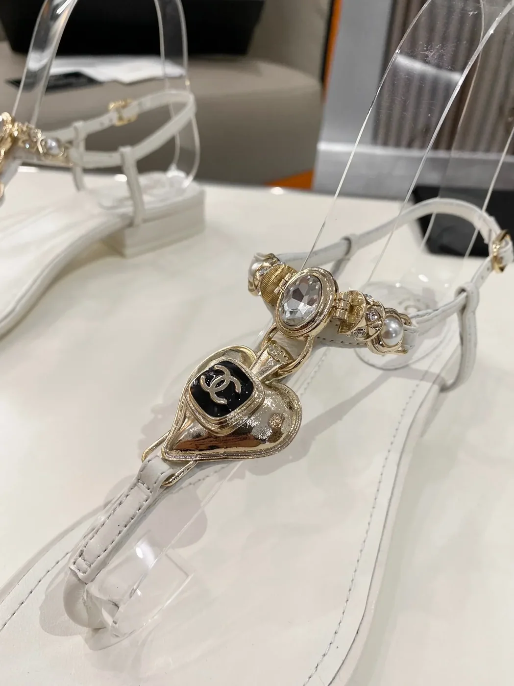 Chanel Crystal Low Heels Flip Flops White