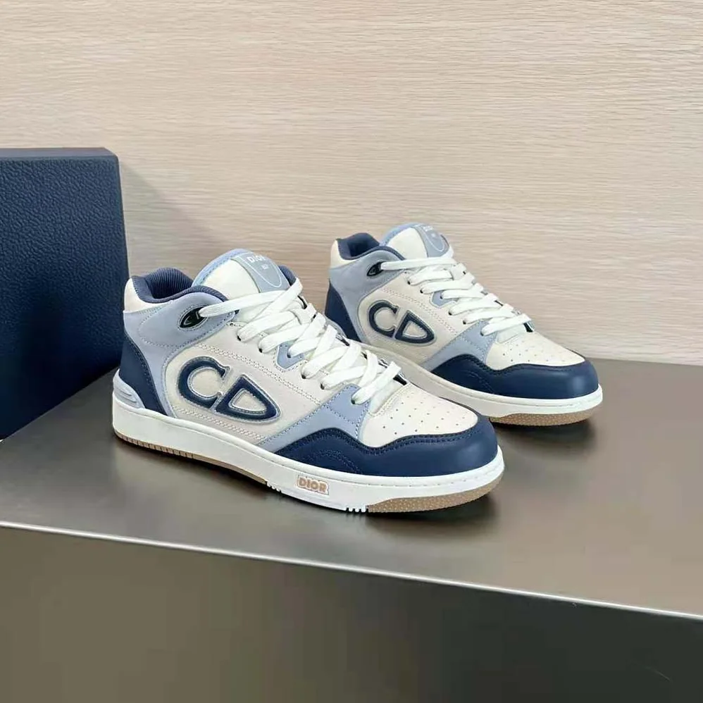 Dior B57 Mid-Top Sneaker Navy Blue and Cream Smooth Calfskin with Gray Suede for Men