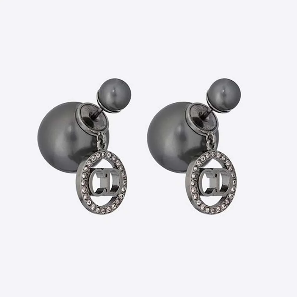 Dior Tribales Earrings Ruthenium-Finish Metal with Gray Resin Pearls and Black Crystals for Women
