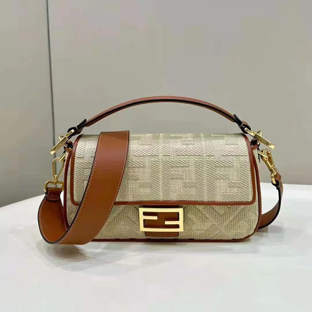 Fendi Baguette Natural Straw Bag with FF Embroidery for Women