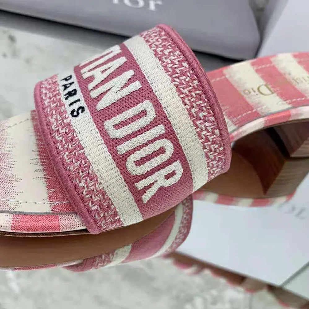 Dior Dway Heeled Slide Dark Nude D for Women in Stripes Embroidered Cotton