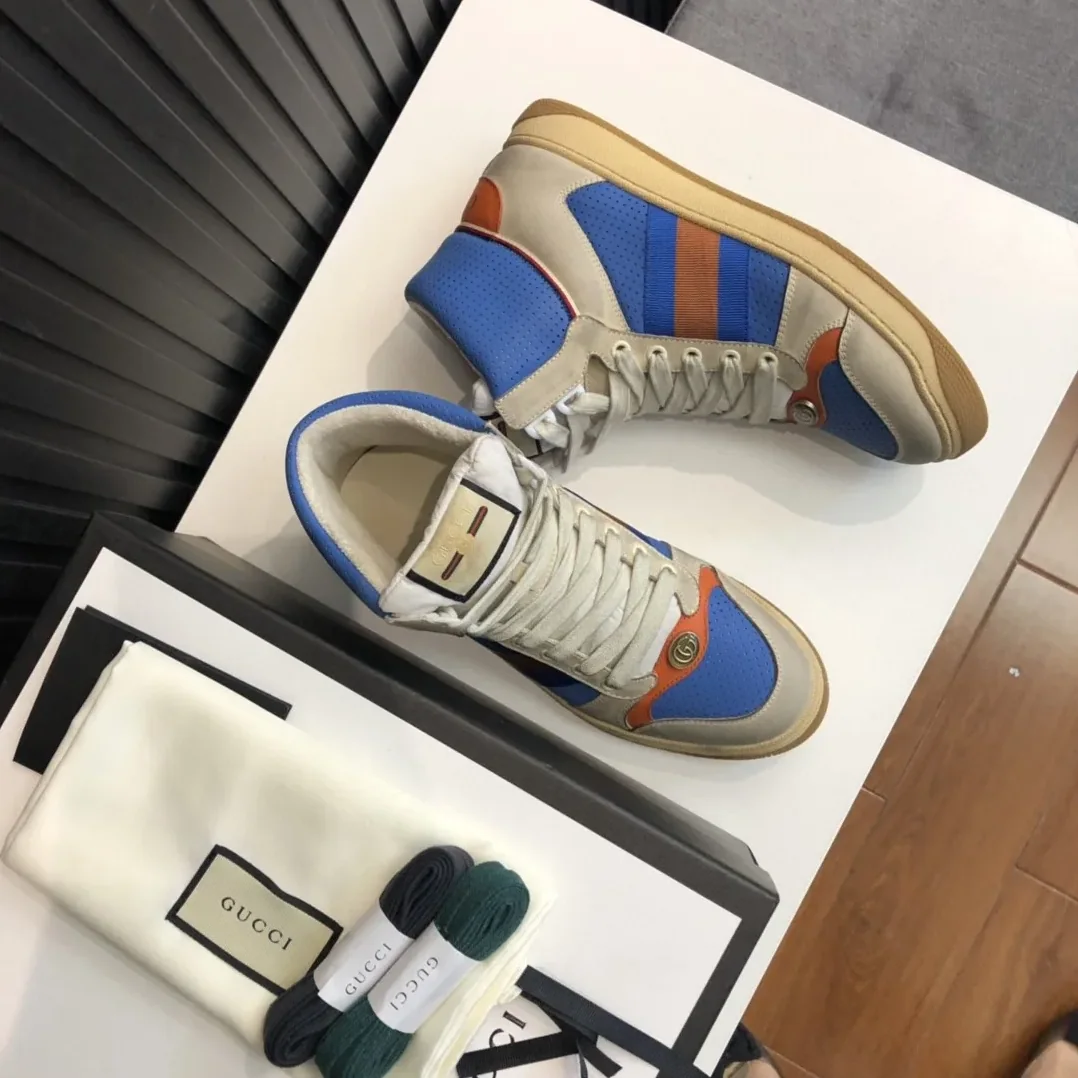 Gucci Screener Distressed High Top Beige Blue for Women Gucci Screener Distressed High Top Beige Blue for Women
