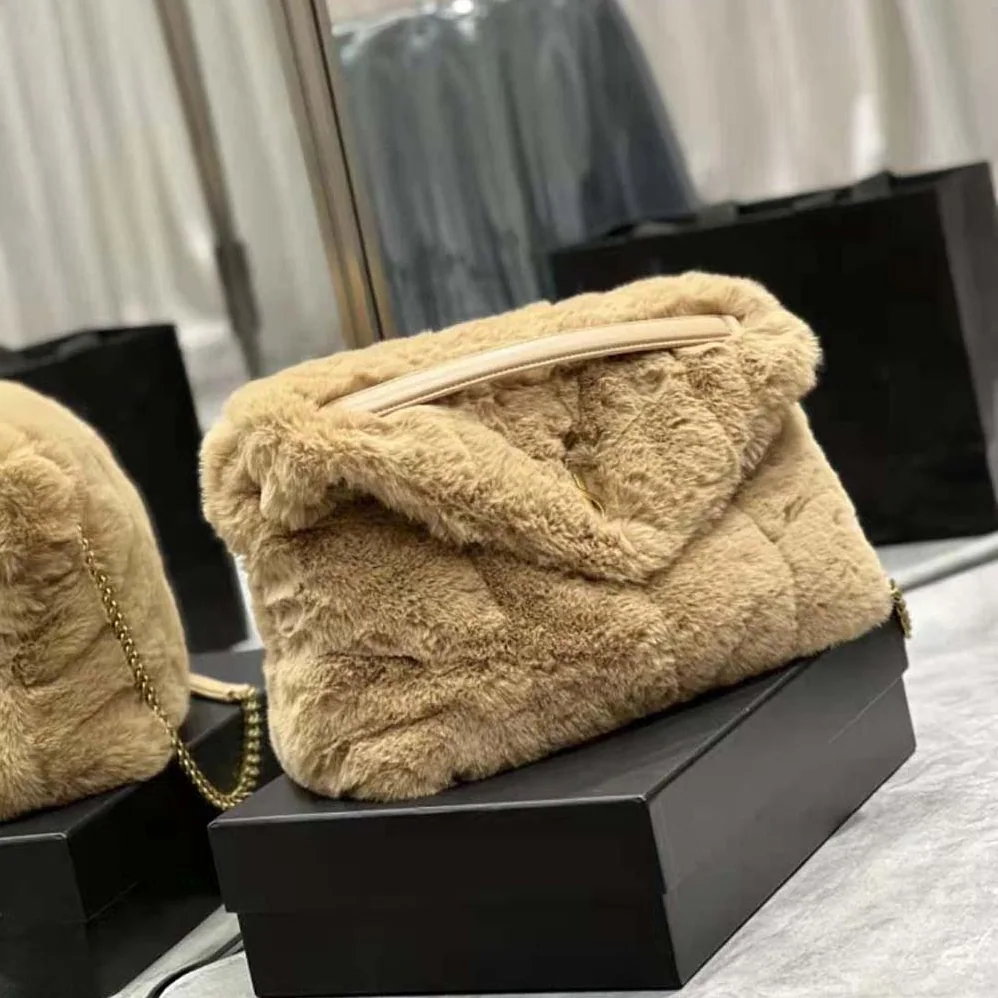 Saint Laurent YSL Puffer Small Bag in Merino Shearling and Lambskin for Women in Sandy Saint Laurent YSL Puffer Small Bag in Merino Shearling and Lambskin for Women in Sandy