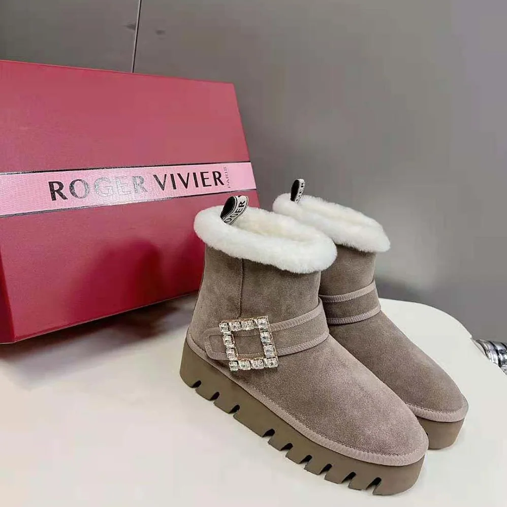 Roger Vivier Viv' Winter Fur Strass Buckle Ankle Boots in Suede for Women in Beige Roger Vivier Viv' Winter Fur Strass Buckle Ankle Boots in Suede for Women in Beige