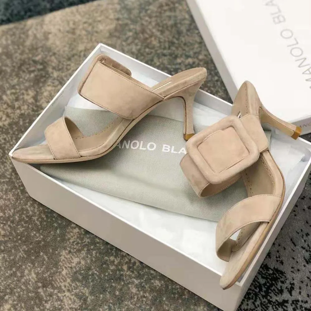Manolo Blahnik Light Beige Suede Open Toe Mules for Women