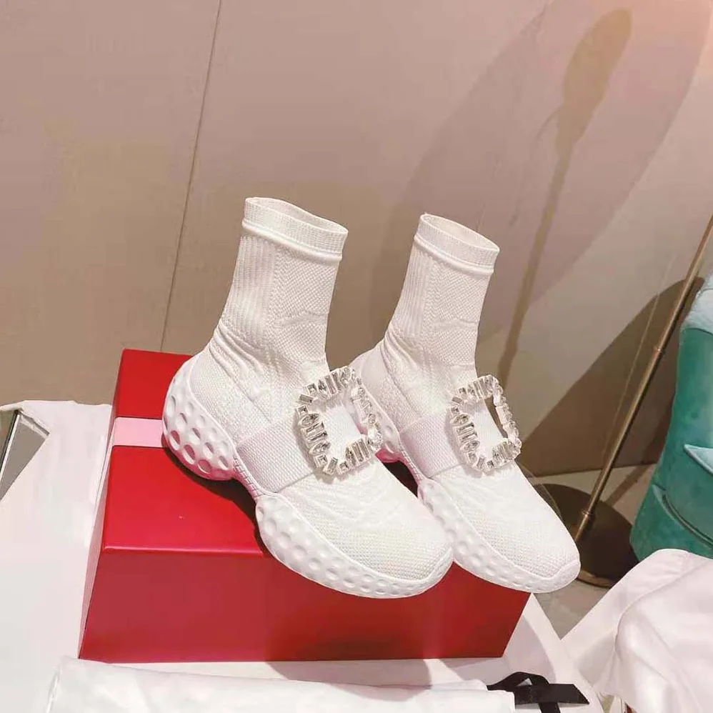 Roger Vivier Viv' Run Light Socks Strass Buckle Ankle Boots in Fabric for Women in White