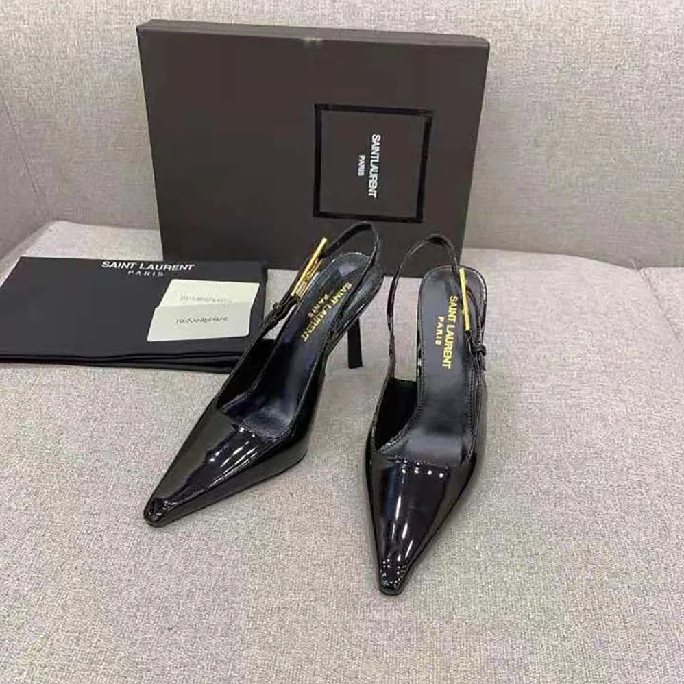 Saint Laurent YSL Lee Slingback Pumps in Glazed Leather for Women in Black Saint Laurent YSL Lee Slingback Pumps in Glazed Leather for Women in Black
