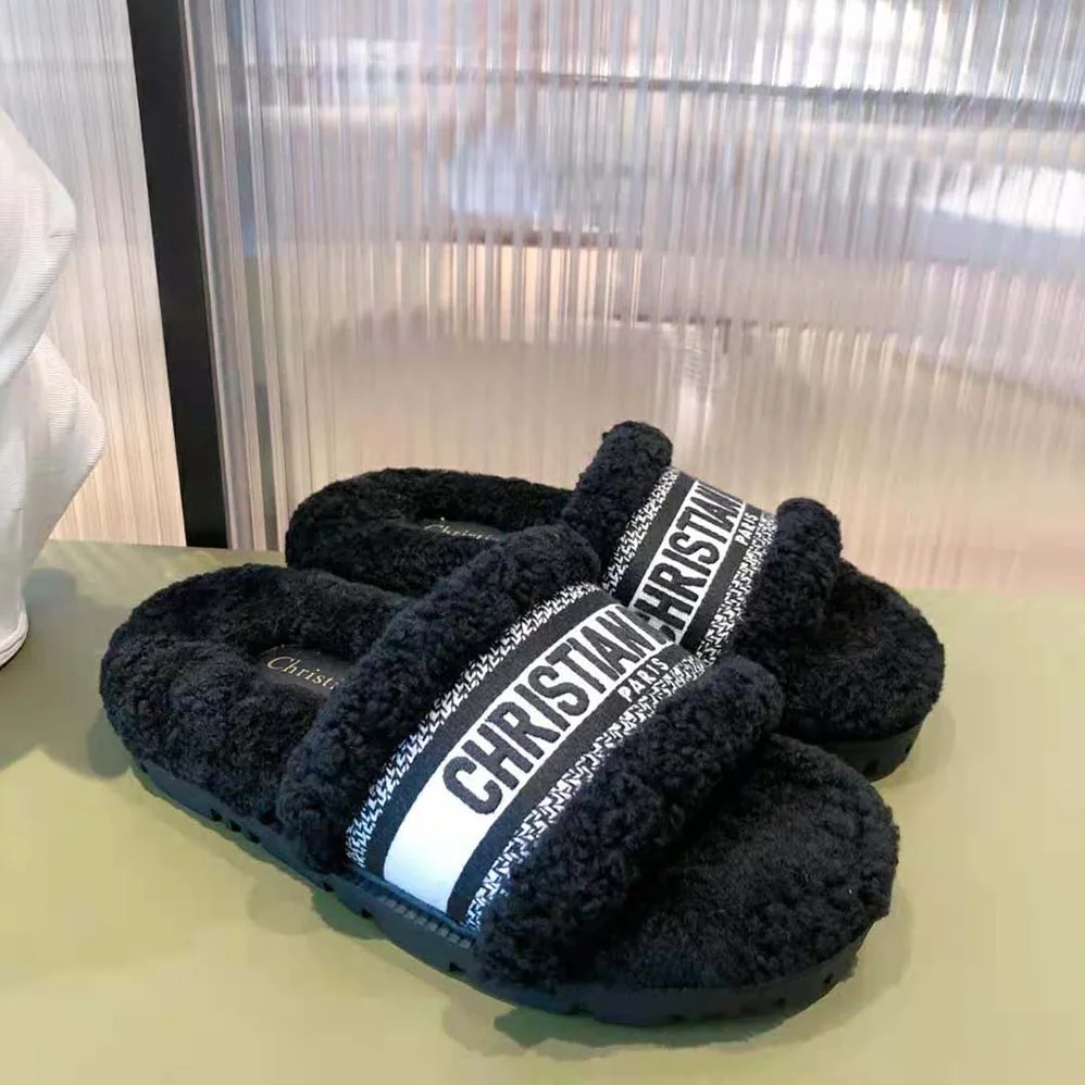 Dior Dway Slide Black Embroidered Cotton and Shearling for Women Dior Dway Slide Black Embroidered Cotton and Shearling for Women
