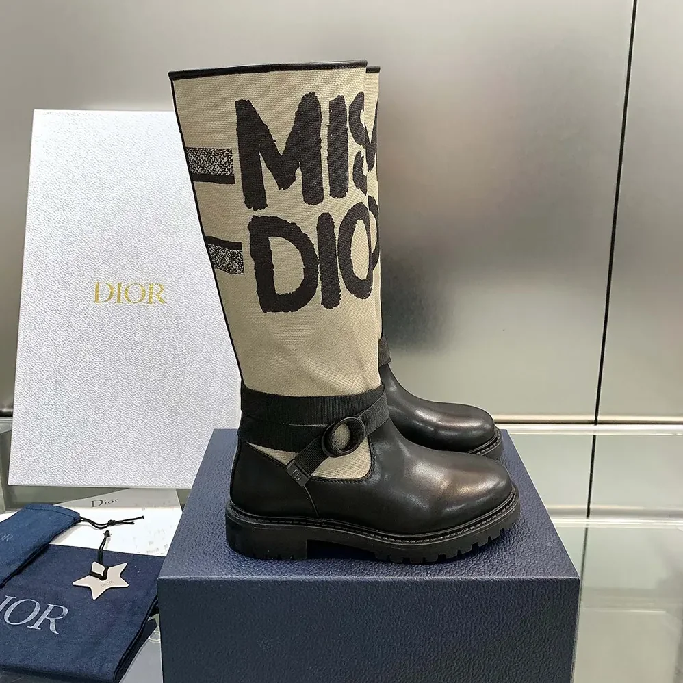 Dior D-Major Boot Warm Taupe Technical Canvas with Black Miss Dior Graffiti Print for Women Dior D-Major Boot Warm Taupe Technical Canvas with Black Miss Dior Graffiti Print for Women