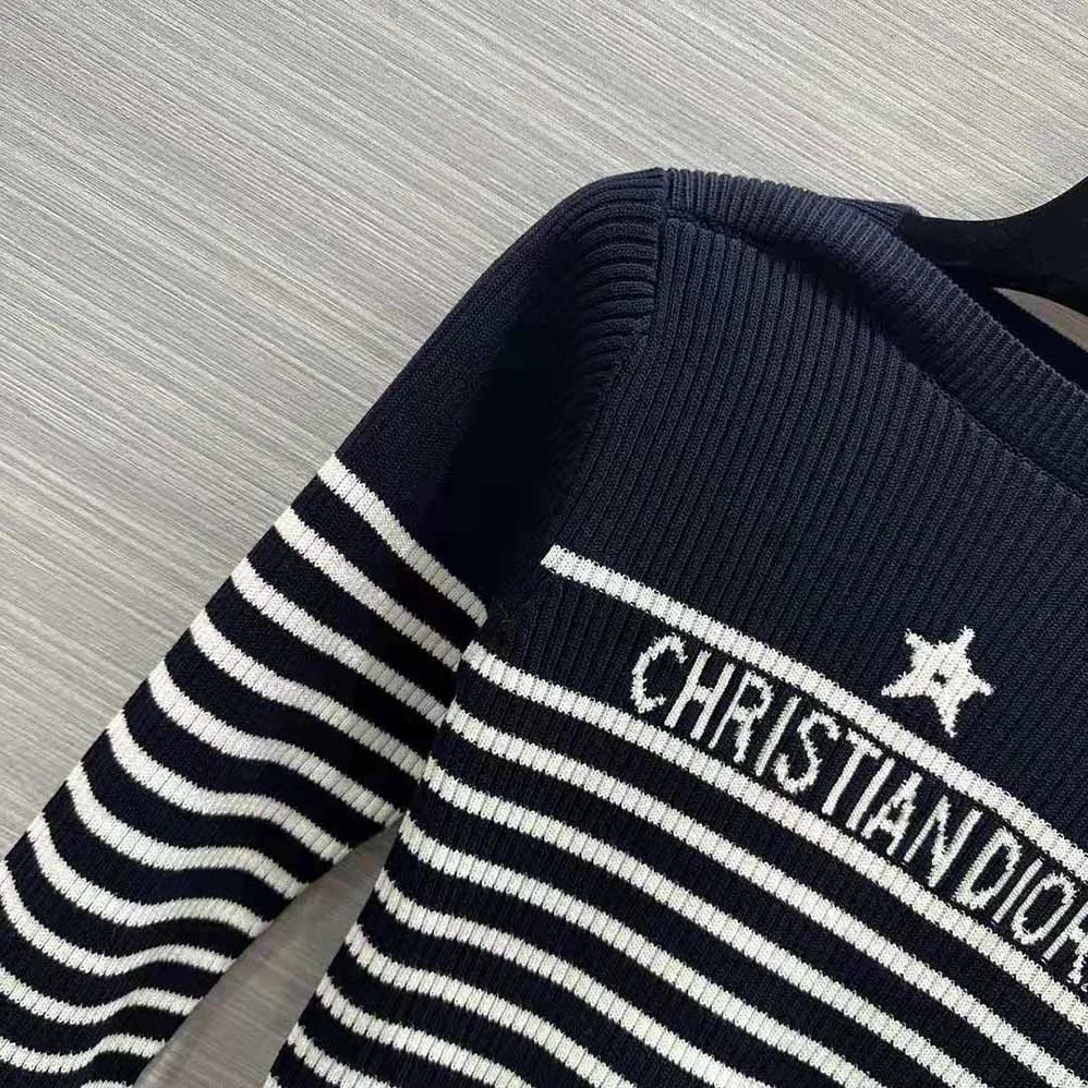 Dior Sweater Navy Blue and White Cotton Ribbed Knit with Signature for Women
