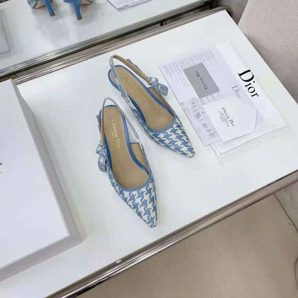 Dior J Adior Slingback Pump Cornflower Blue Cotton Embroidery with Micro Houndstooth Motif for Women Dior J Adior Slingback Pump Cornflower Blue Cotton Embroidery with Micro Houndstooth Motif for Women