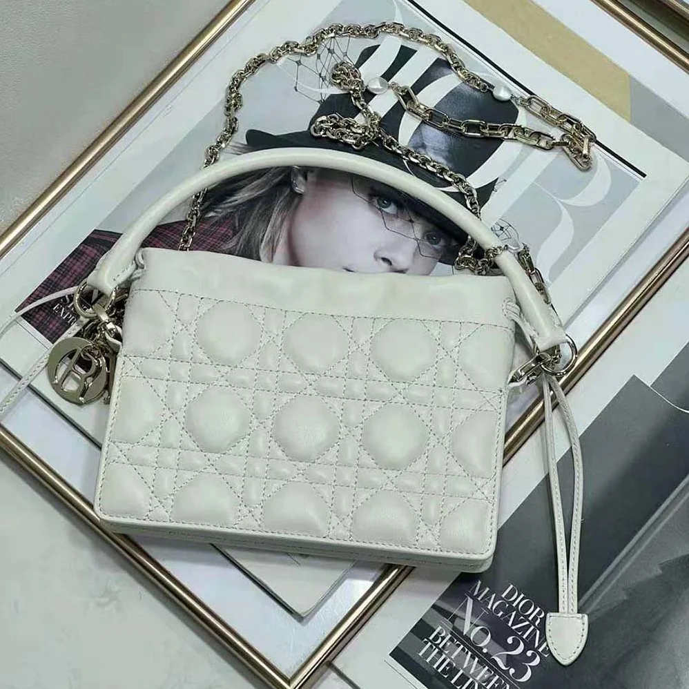 Dior Lady Dior Top Handle Drawstring Mini Bag Latte Cannage Lambskin for Women Dior Lady Dior Top Handle Drawstring Mini Bag Latte Cannage Lambskin for Women