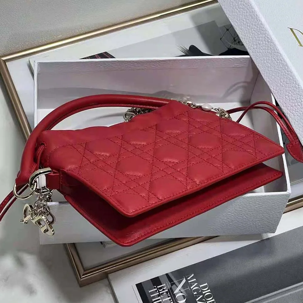 Dior Lady Dior Top Handle Drawstring Mini Bag Scarlet Red Cannage Lambskin for Women Dior Lady Dior Top Handle Drawstring Mini Bag Scarlet Red Cannage Lambskin for Women
