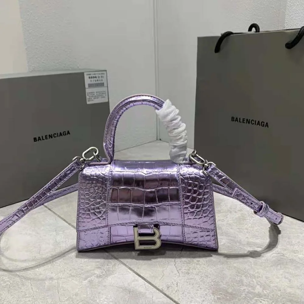 Balenciaga Hourglass XS Handbag Metallized Crocodile Embossed in Purple for Women Balenciaga Hourglass XS Handbag Metallized Crocodile Embossed in Purple for Women