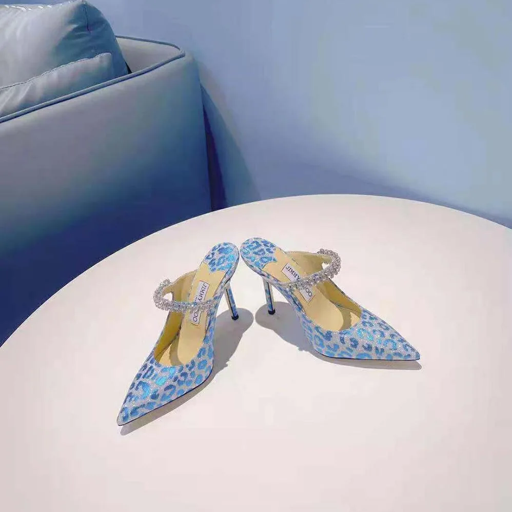 Jimmy Choo Bing 100 Butterfly Blue Leopard Print Glitter Mules with Crystal Strap for Women