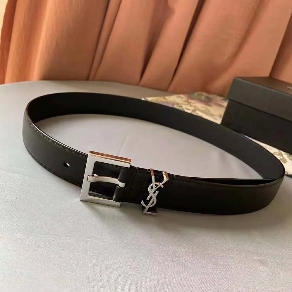 Saint Laurent YSL Monogram Narrow Belt with Square Buckle in Smooth Leather for Women