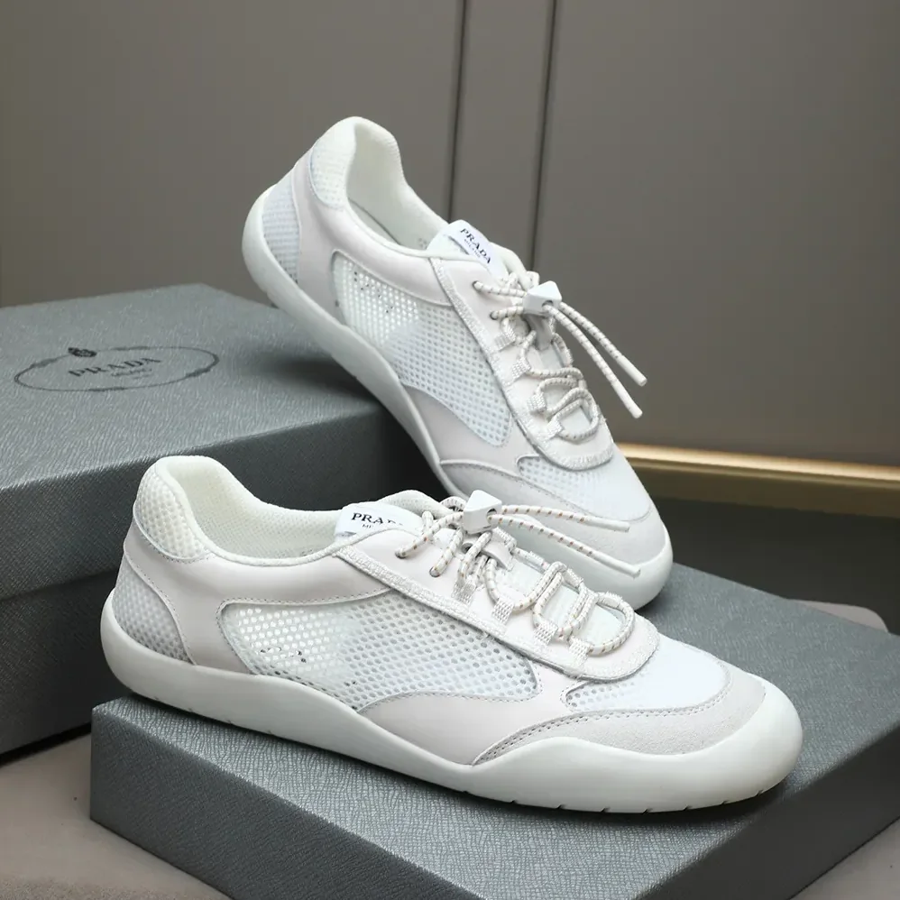 Prada Speedrock Patent Leather and Mesh Fabric Sneakers for Unisex in White