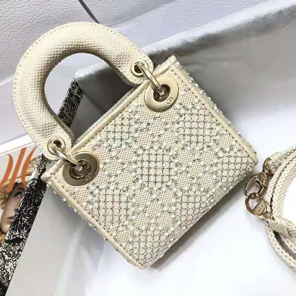 Dior Micro Lady Dior Bag Beige Canvas Embroidered with Metallic Thread Beads and Multicolor Crystals for Women Dior Micro Lady Dior Bag Beige Canvas Embroidered with Metallic Thread Beads and Multicolor Crystals for Women