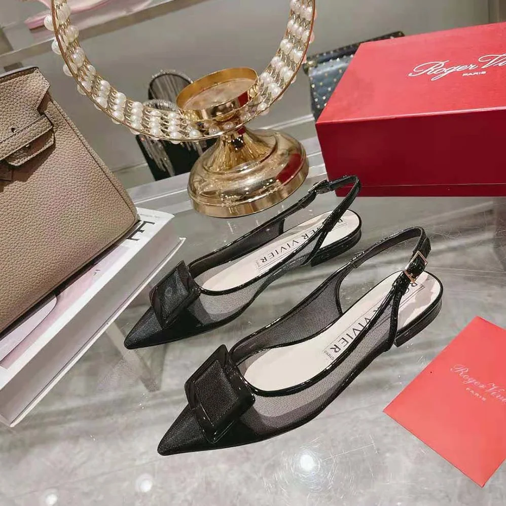 Roger Vivier Gommettine Net Lacquered Buckle Slingback Ballerinas in Fabric for Women in Black