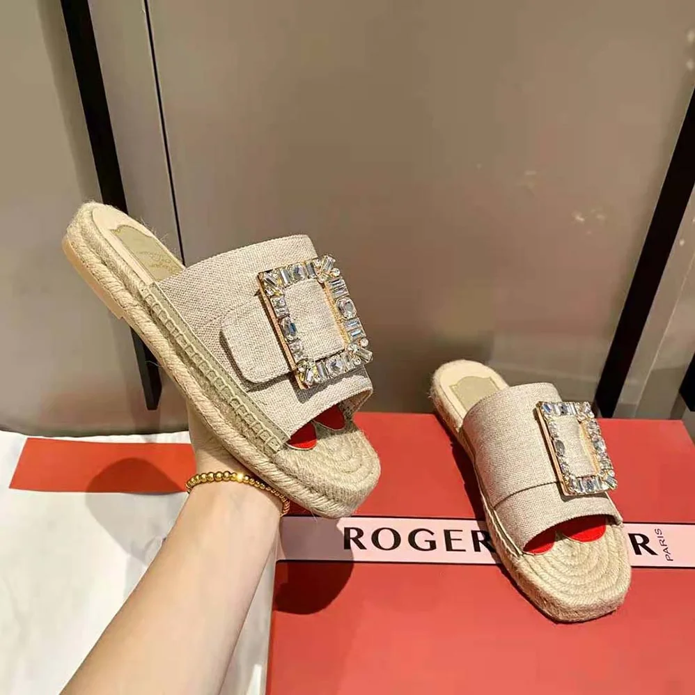 Roger Vivier Strass Buckle Espadrille Mules in Fabrics