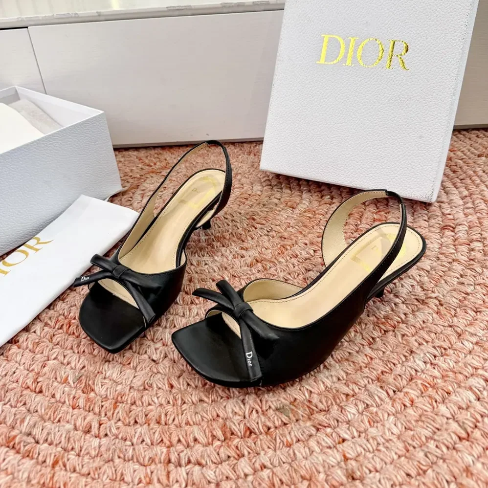 Dior Bow Heeled Slingback Sandal Black Lambskin for Women