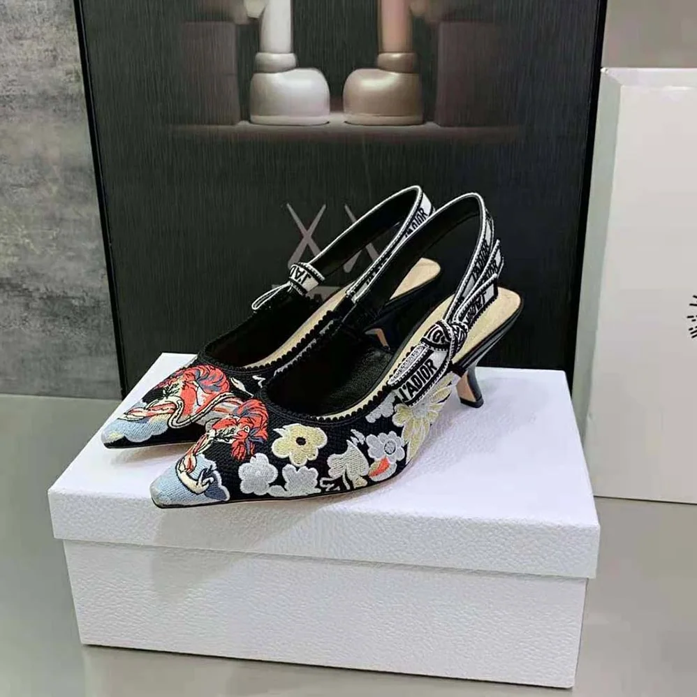 Dior J'adior Slingback Pump Black Multicolor Embroidered Cotton with Toile de Jouy Pop Motif for Women