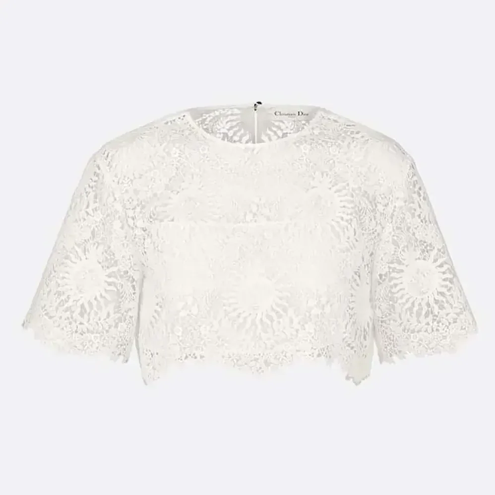 Dior Dioriviera Cropped Short-Sleeved Top Ecru Toile de Jouy Soleil Technical Cotton Lace for Women