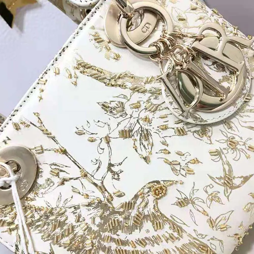 Dior Mini Lady Dior Bag White Calfskin with Gold-Tone Printed and Bead-Embroidered Dior Jardin D'Hiver Motif for Women Dior Mini Lady Dior Bag White Calfskin with Gold-Tone Printed and Bead-Embroidered Dior Jardin D'Hiver Motif for Women