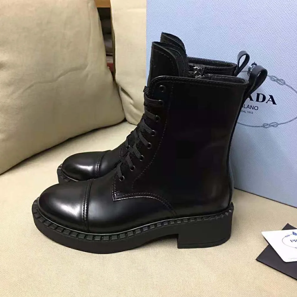 Prada Brushed Leather Laced Booties for Women in Black Prada Brushed Leather Laced Booties for Women in Black