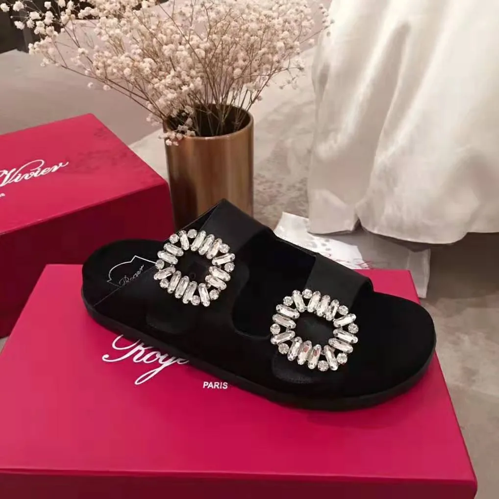 Roger Vivier Slidy Viv' Strass Buckle Sandals Silk Satin for Women in Black Roger Vivier Slidy Viv' Strass Buckle Sandals Silk Satin for Women in Black