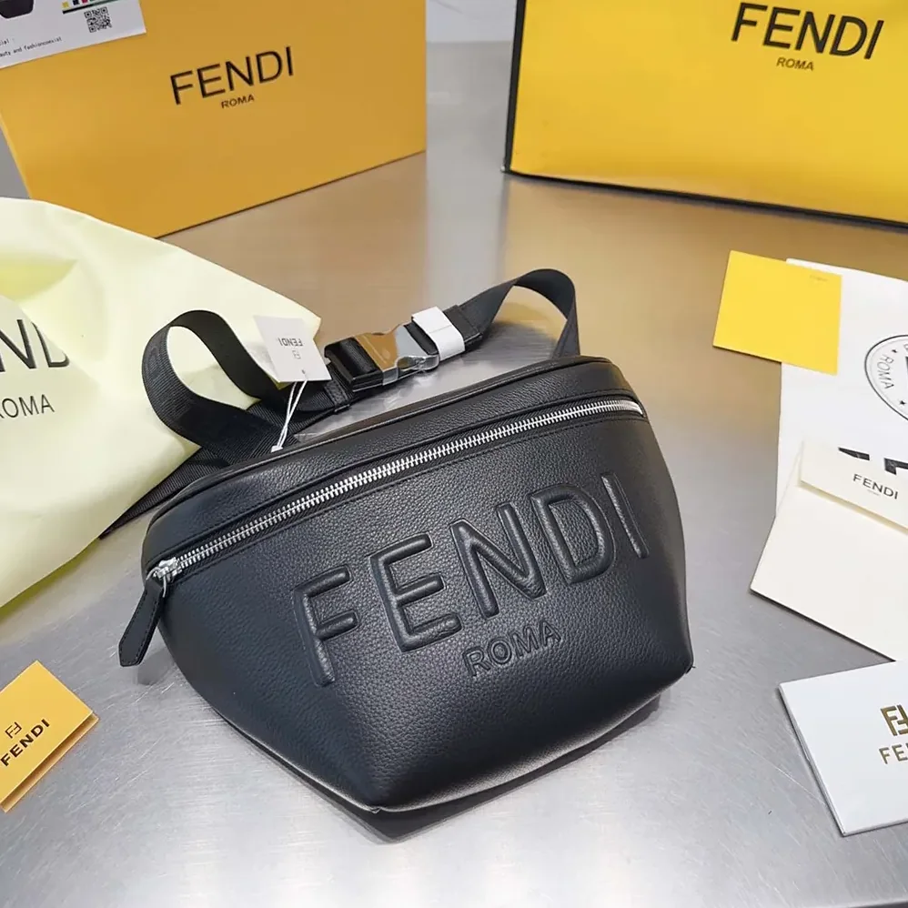 Fendi Diagonal Belt Bag Black Leather Belt Bag for Men
