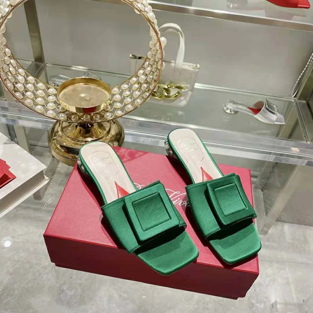 Roger Vivier Strass Heel Covered Buckle Mules in Satin for Women in Green Roger Vivier Strass Heel Covered Buckle Mules in Satin for Women in Green