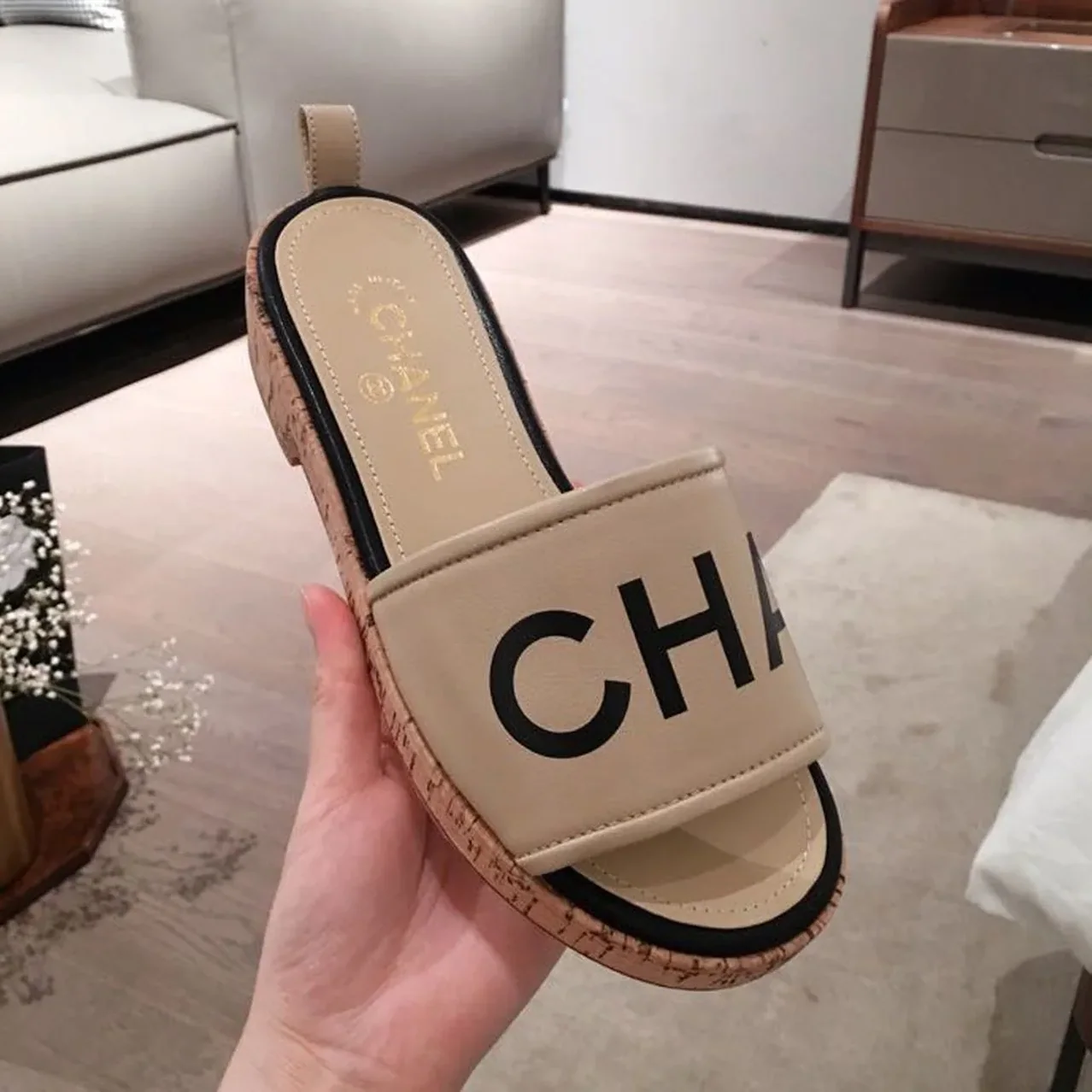Chanel Woven Chain Cork Sandals Tweed Beige/Black , Shoes