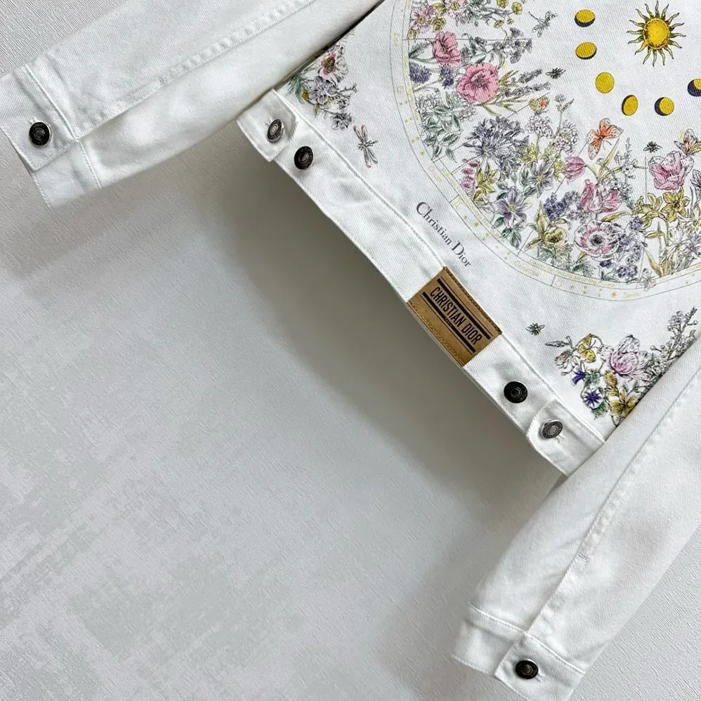 Dior Jacket White Cotton Denim with Multicolor Dior Astral Flowers Motif for Women Dior Jacket White Cotton Denim with Multicolor Dior Astral Flowers Motif for Women