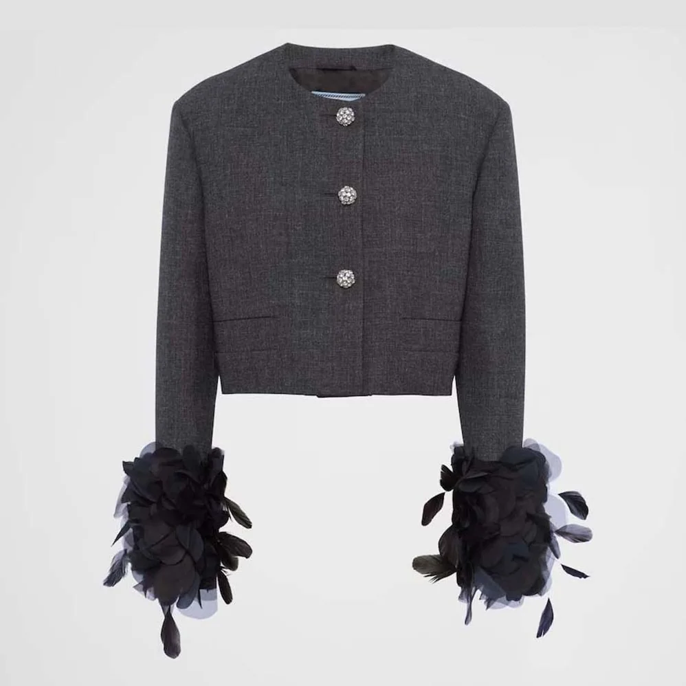 Prada Feather-trimmed Single-breasted Wool Jacket for Women in Gray Prada Feather-trimmed Single-breasted Wool Jacket for Women in Gray