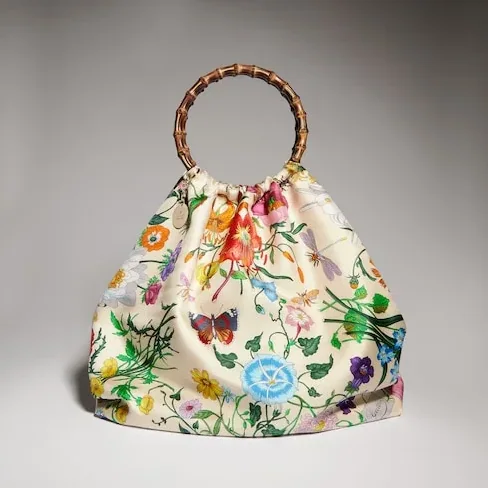 Gucci Silk Maxi With Bamboo Handle Tote Bag in White/ Multicolor Gold Hardware