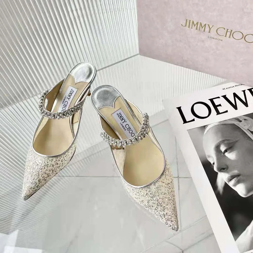 Jimmy Choo BING 100 Silver Glitter Tulle Mules with Crystal Strap for Women