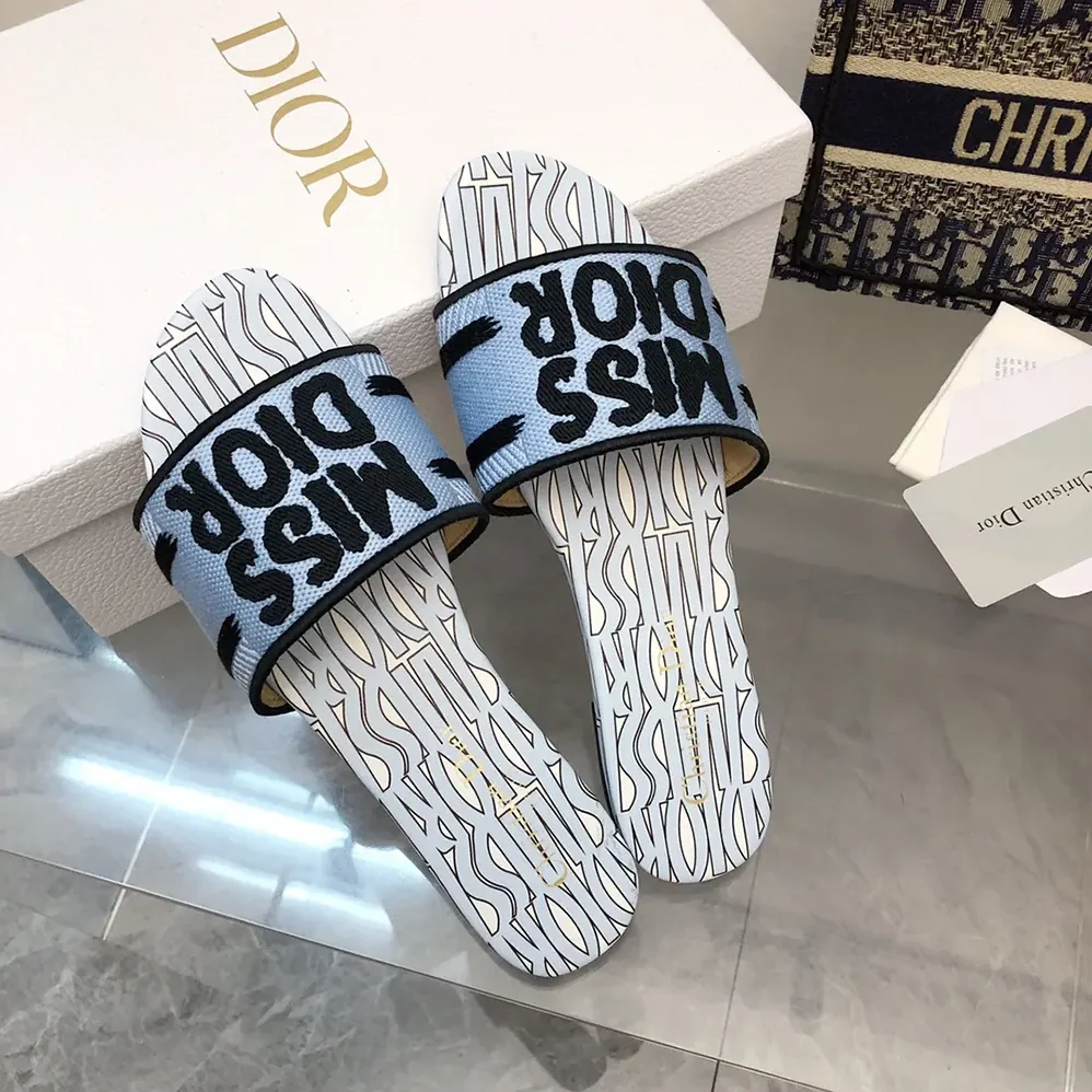 Dior Dway Slide Embroidered Cotton and Pale Blue Miss Dior Allover Motif for Women