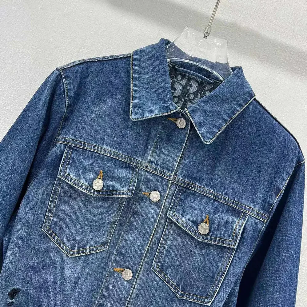 Dior Long Belted Jacket Blue Stonewashed Cotton Denim with Dior Oblique Interior for Women