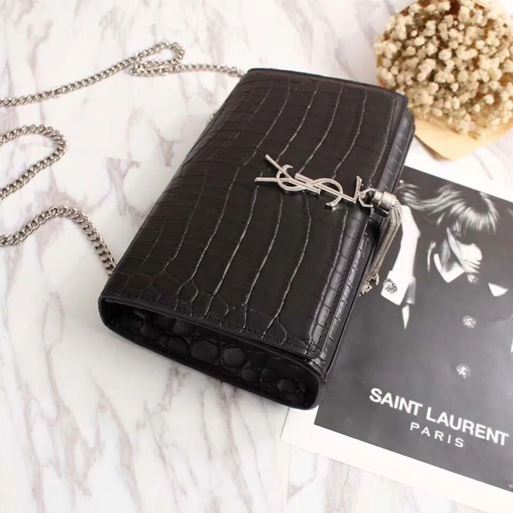 Saint Laurent YSL Kate Small Tassel Embossed Crocodile Shiny Calfskin for Women in Black