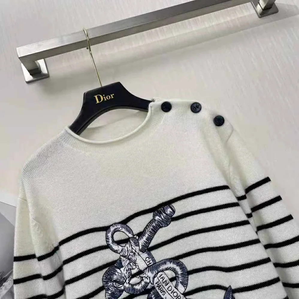 Dior Mariniere Embroidered Sweater Ecru Cashmere Knit for Women Dior Mariniere Embroidered Sweater Ecru Cashmere Knit for Women