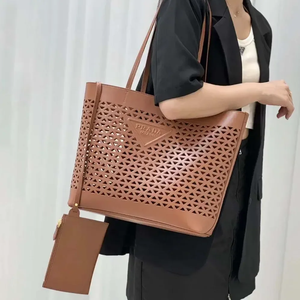 Prada Large Perforated Leather Tote Bag for Women