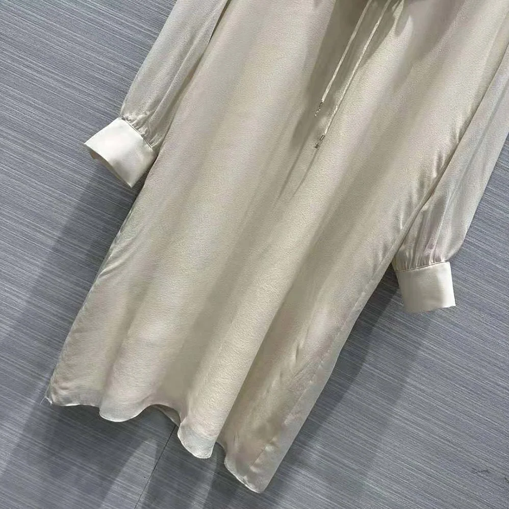Celine Jabot Dress in Lightweight Silk Sablé for Women in Beige Celine Jabot Dress in Lightweight Silk Sablé for Women in Beige