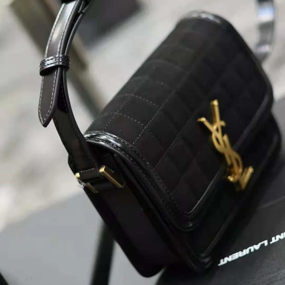 Saint Laurent YSL Solferino Small Satchel in Quilted Nubuck Suede for Women in Black