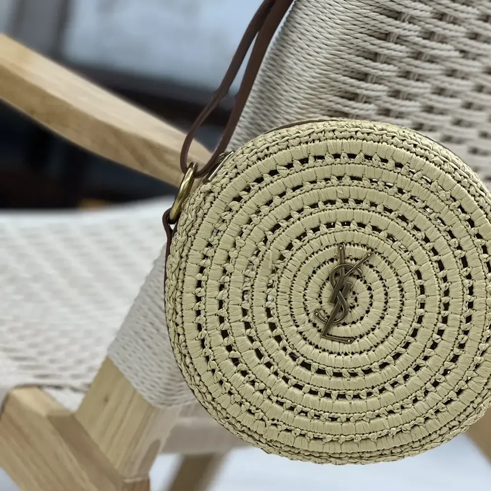 Saint Laurent YSL Round Bag in Raffia and Vegetable for Women in Tanned Leather Saint Laurent YSL Round Bag in Raffia and Vegetable for Women in Tanned Leather