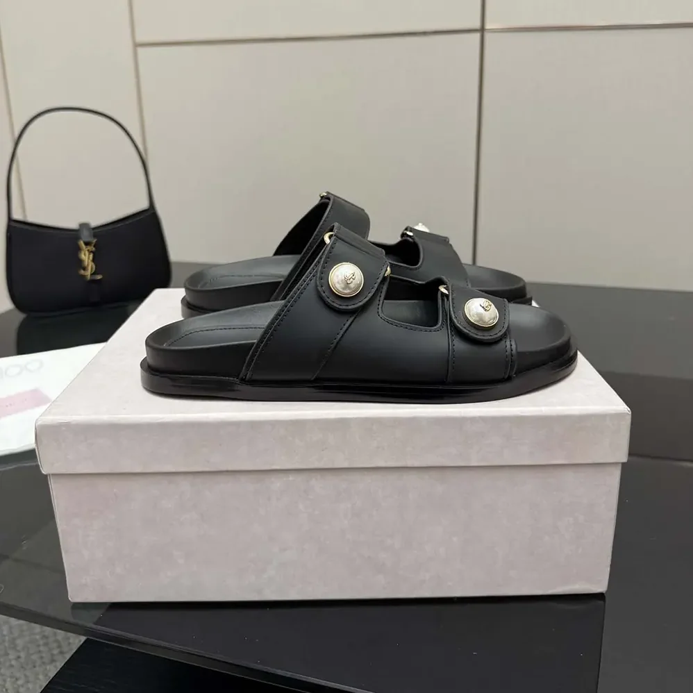 Jimmy Choo Fayence Sandal Black Leather Flat Sandals with Pearl Embellishment for Women