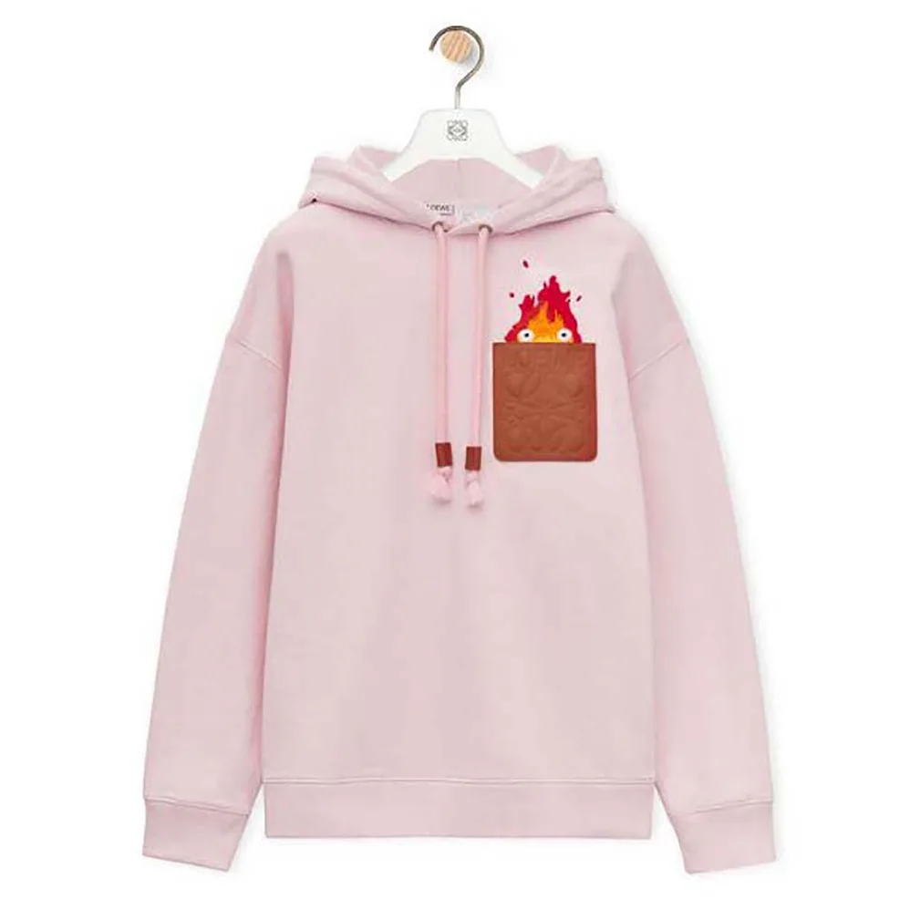 Loewe Calcifer Leather Patch Hoodie in Cotton for Women in Pink Loewe Calcifer Leather Patch Hoodie in Cotton for Women in Pink