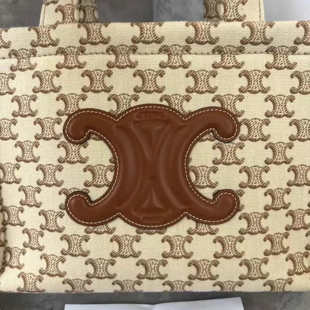 Celine Small Cabas Thais in Textile with Triomphe Canvas Print and Calfskin for Women in Beige