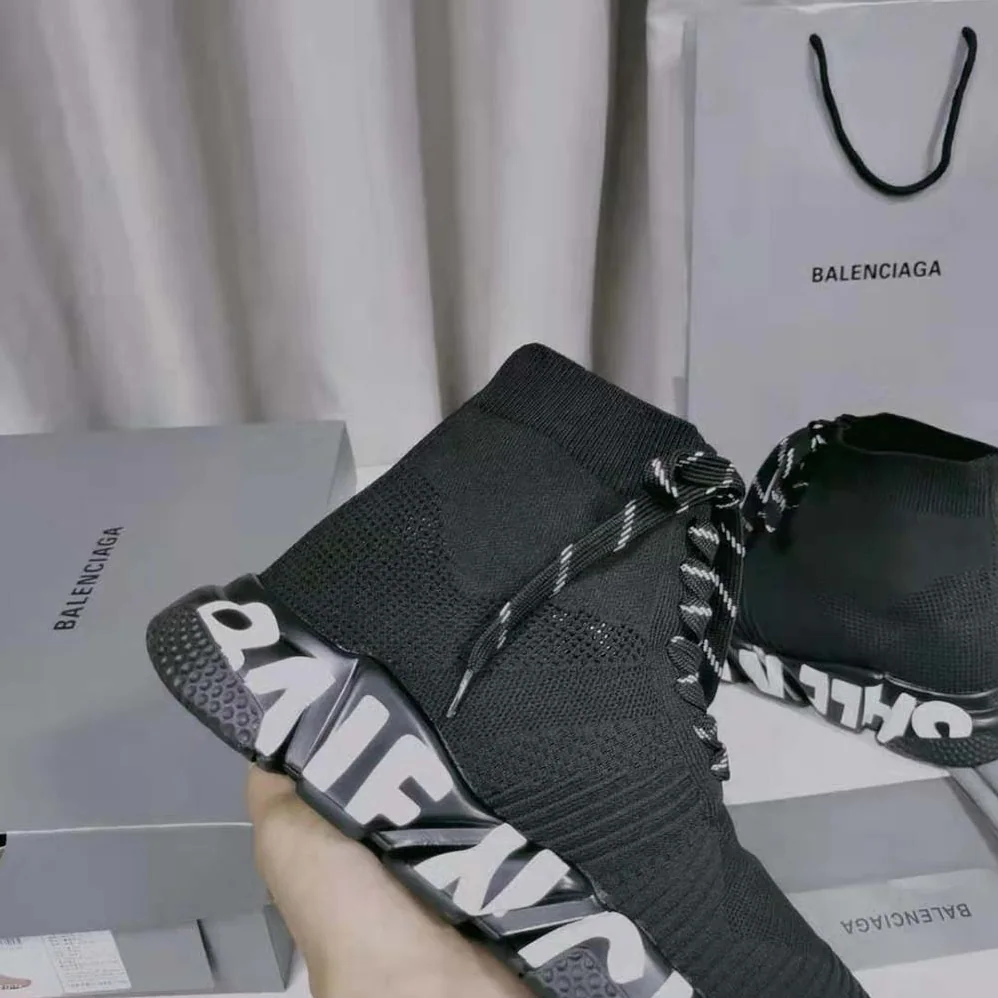 Balenciaga Speed Lace up Graffiti Sneaker in Black for Women in White Balenciaga Speed Lace up Graffiti Sneaker in Black for Women in White